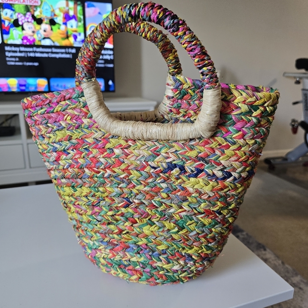Multicolor Hand Made Woven Straw Tote Bag